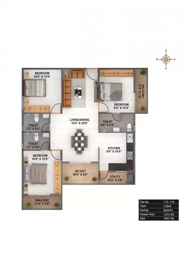 Floor plan of 3 BHK 1507 Sq. Ft. Apartment in Binary Essentia, Bangalore
