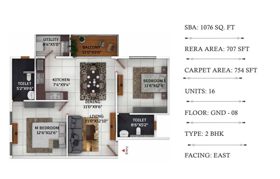 2 BHK 1076 Sq. Ft. Apartment