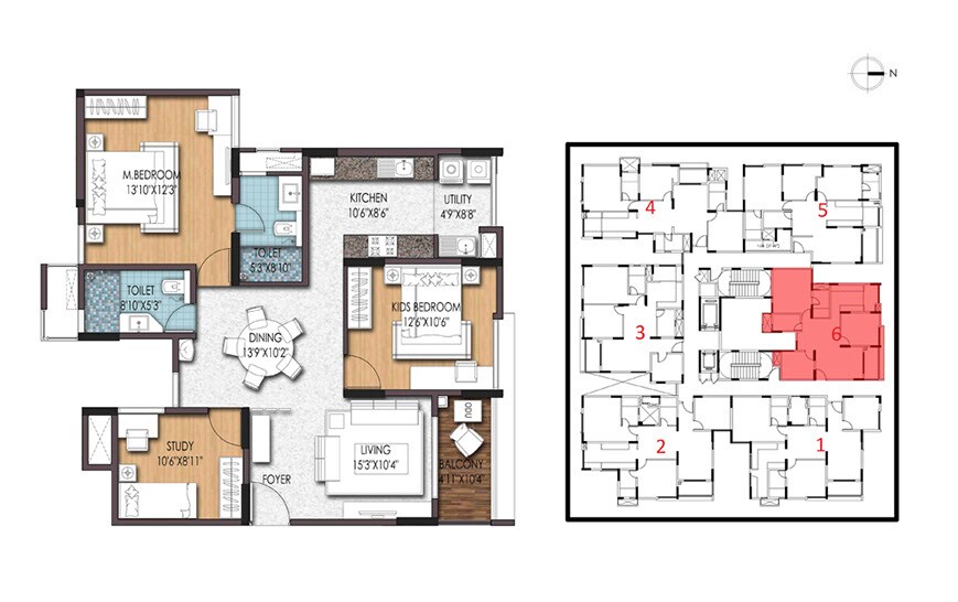 Floor plan of 2 BHK 1340 Sq. Ft. Apartment in Birla Apple Aroma, Bangalore