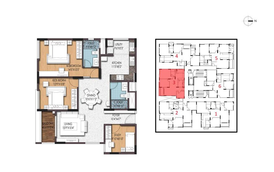 Floor plan of 2 BHK 1405 Sq. Ft. Apartment in Birla Apple Aroma, Bangalore