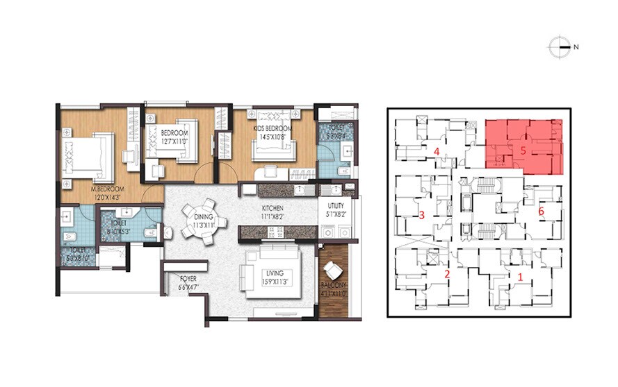 Floor plan of 3 BHK 1520 Sq. Ft. Apartment in Birla Apple Aroma, Bangalore