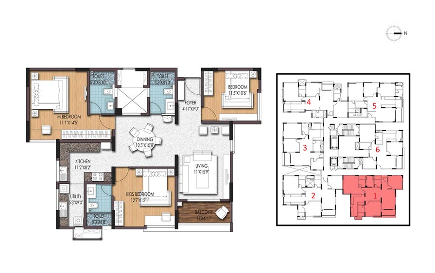 Floor plan of 3 BHK 1600 Sq. Ft. Apartment in Birla Apple Aroma, Bangalore