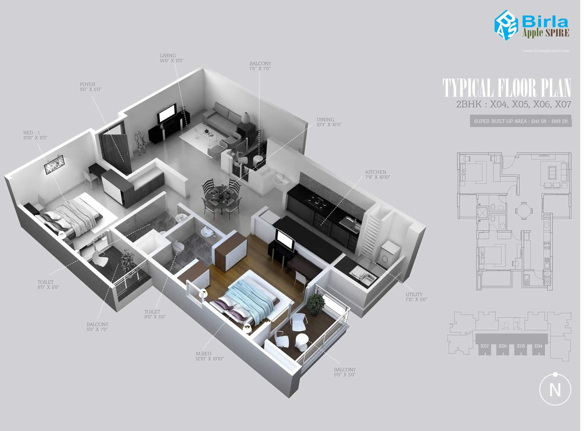 Floor plan of 2 BHK 1279 Sq. Ft. Apartment in Birla Apple Spire, Bangalore