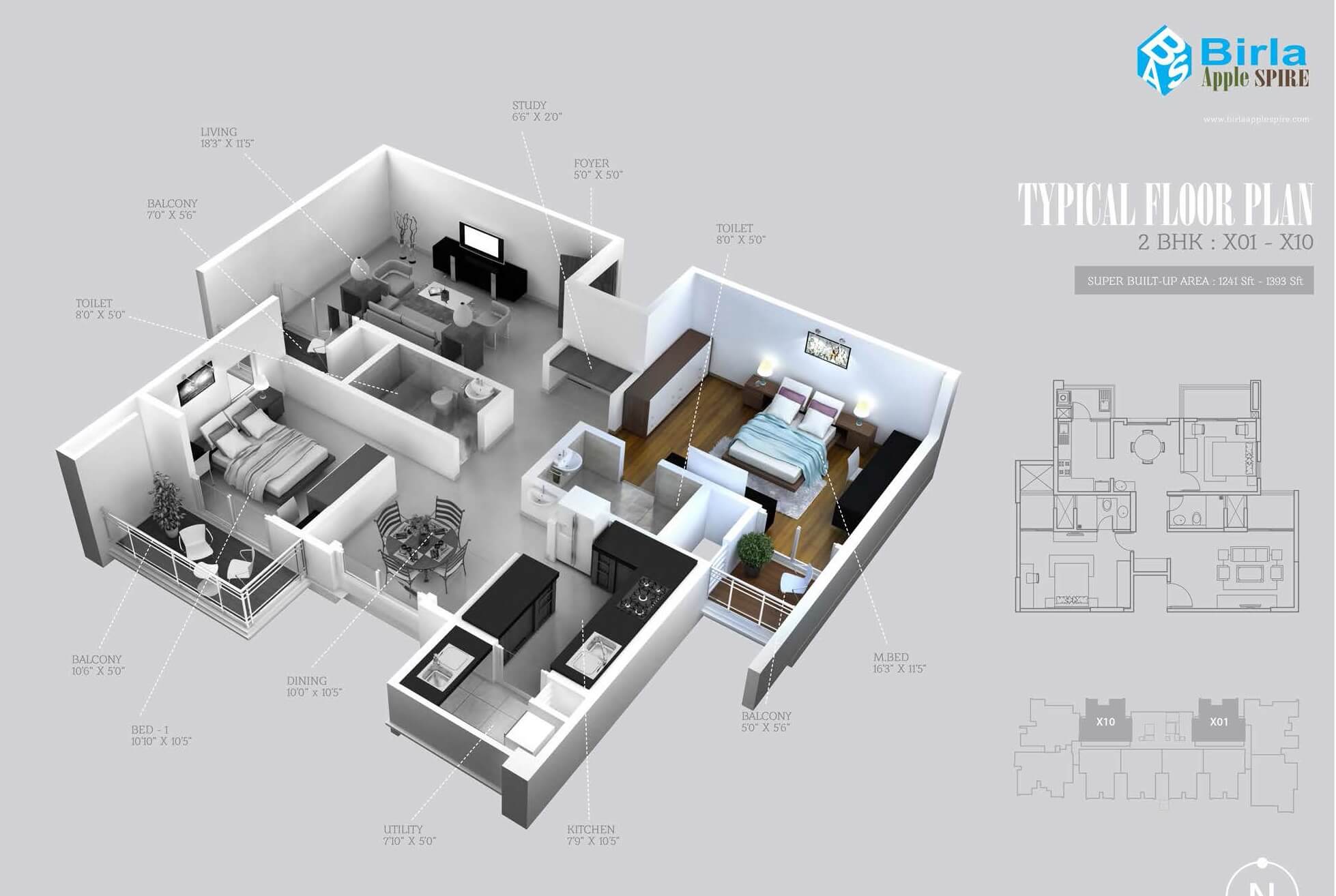 Floor plan of 2 BHK 1393 Sq. Ft. Apartment in Birla Apple Spire, Bangalore