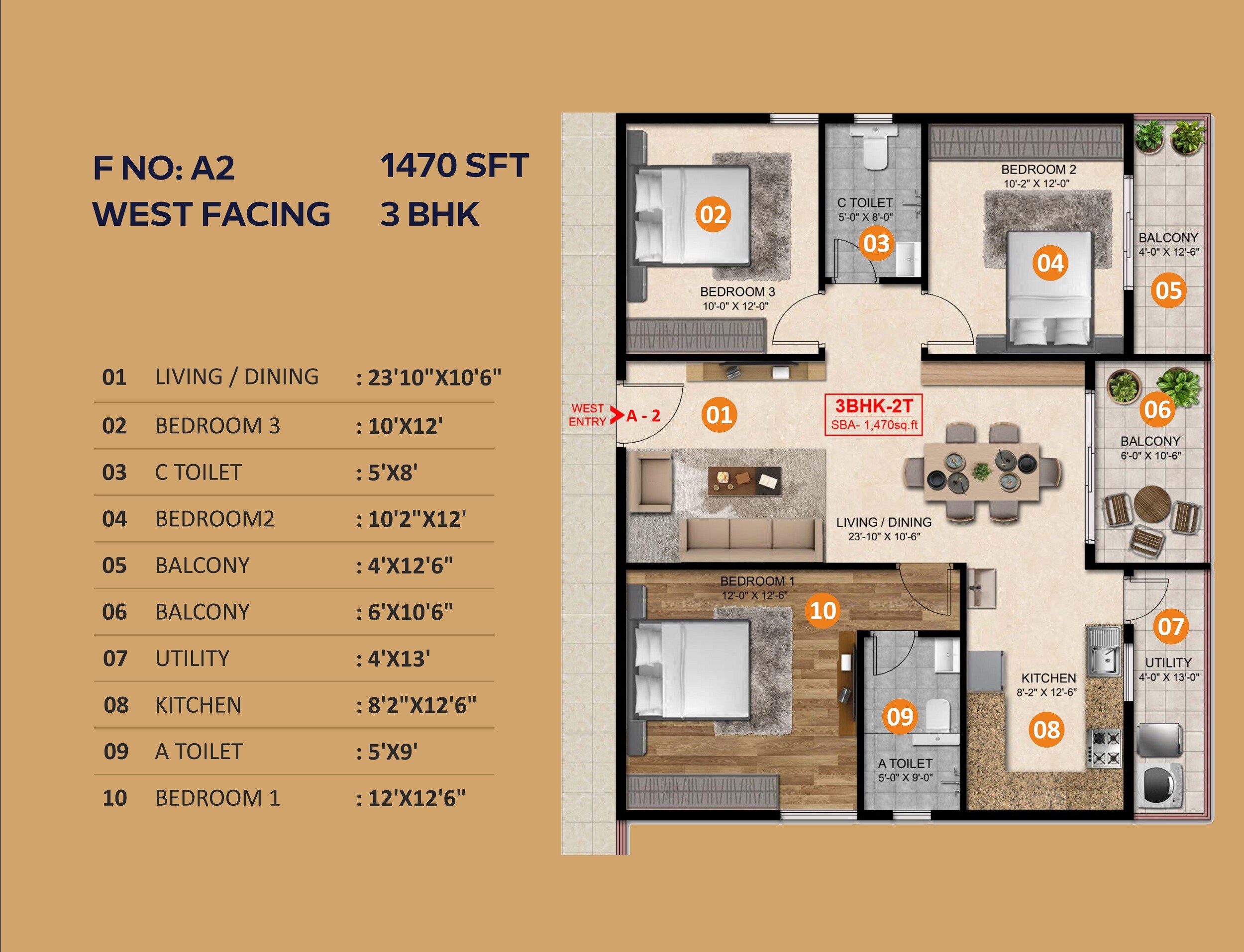 Floor plan of 3 BHK 1470 Sq. Ft. Apartment in Blue Sky Aura, Bangalore