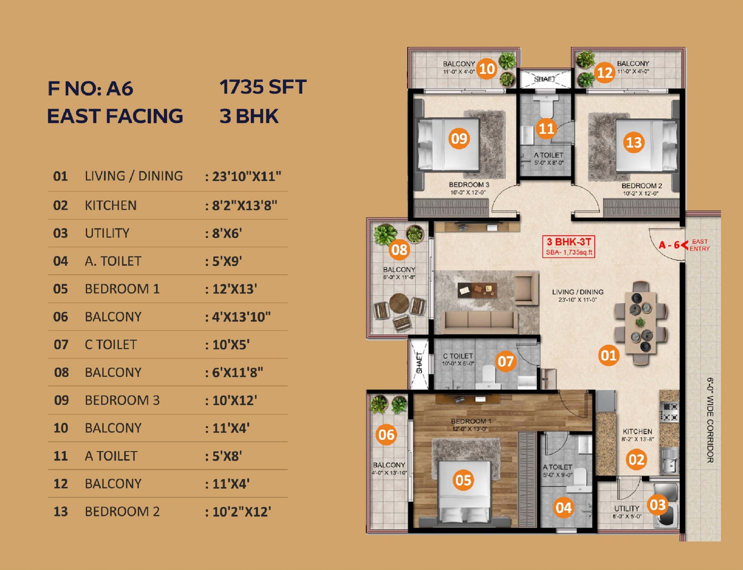 Floor plan of 3 BHK 1735 Sq. Ft. Apartment in Blue Sky Aura, Bangalore