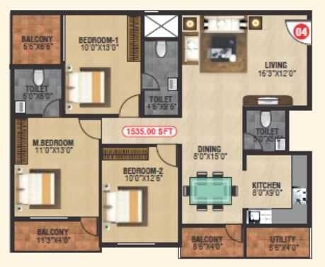 3 BHK 1535 Sq. Ft. Apartment