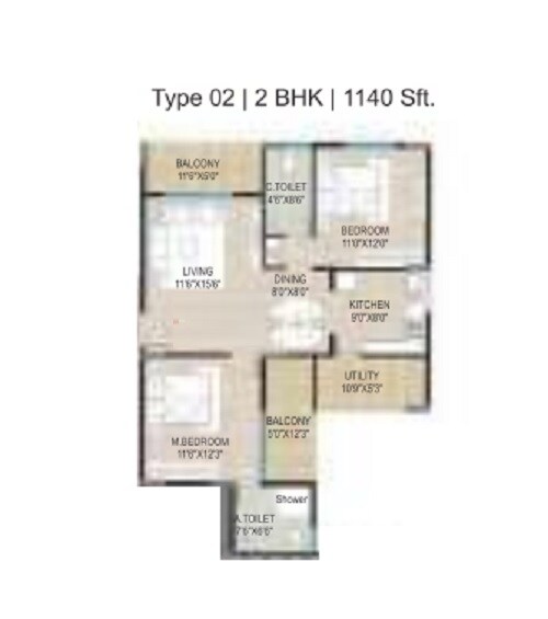 Floor plan of 2 BHK 1140 Sq. Ft. Apartment in BM Pristine, Bangalore