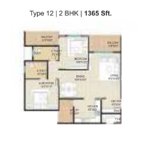 Floor plan of 2 BHK 1365 Sq. Ft. Apartment in BM Pristine, Bangalore