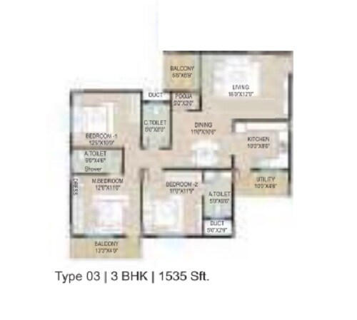 Floor plan of 3 BHK 1535 Sq. Ft. Apartment in BM Pristine, Bangalore