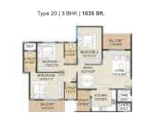Floor plan of 3 BHK 1635 Sq. Ft. Apartment in BM Pristine, Bangalore