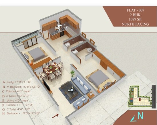 Floor plan of 2 BHK 1089 Sq. Ft. Apartment in BMR Bhoomika Elites, Bangalore