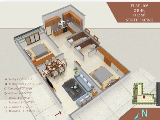 Floor plan of 2 BHK 1112 Sq. Ft. Apartment in BMR Bhoomika Elites, Bangalore