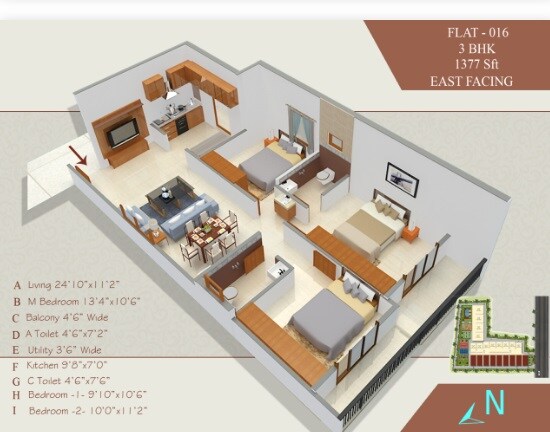 Floor plan of 3 BHK 1377 Sq. Ft. Apartment in BMR Bhoomika Elites, Bangalore
