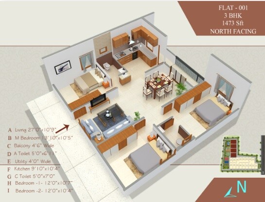 Floor plan of 3 BHK 1473 Sq. Ft. Apartment in BMR Bhoomika Elites, Bangalore