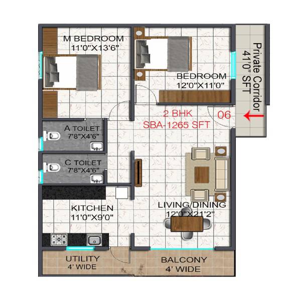 Floor plan of 2 BHK 1265 Sq. Ft. Apartment in BMR Bhoomika Heritage, Bangalore