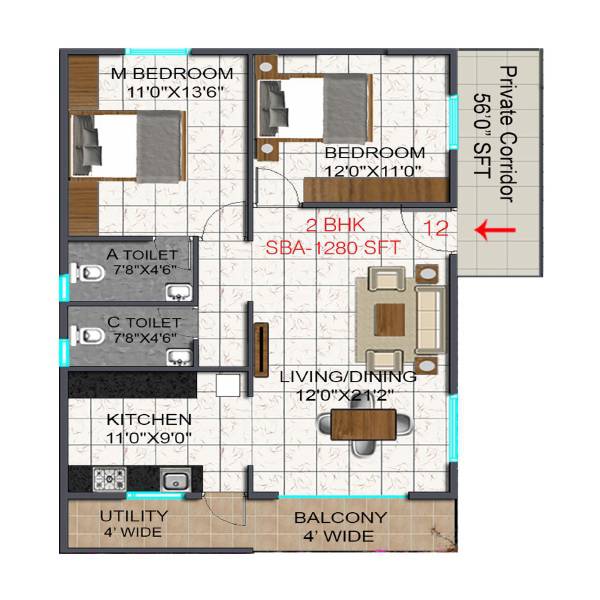 Floor plan of 2 BHK 1280 Sq. Ft. Apartment in BMR Bhoomika Heritage, Bangalore