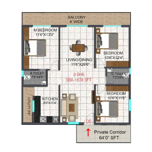 Floor plan of 3 BHK 1678 Sq. Ft. Apartment in BMR Bhoomika Heritage, Bangalore