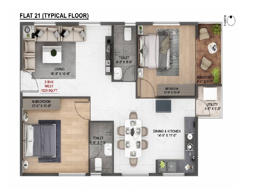 Floor plan of 2 BHK 1025 Sq. Ft. Apartment in Bold Aspire, Bangalore