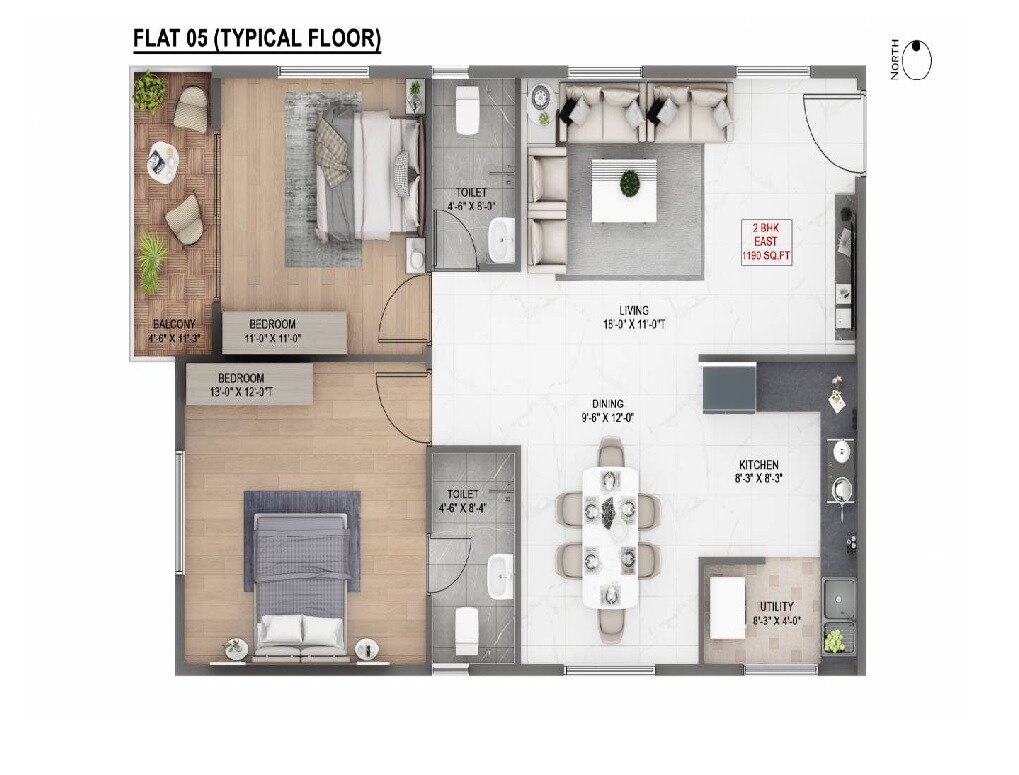 Floor plan of 2 BHK 1190 Sq. Ft. Apartment in Bold Aspire, Bangalore