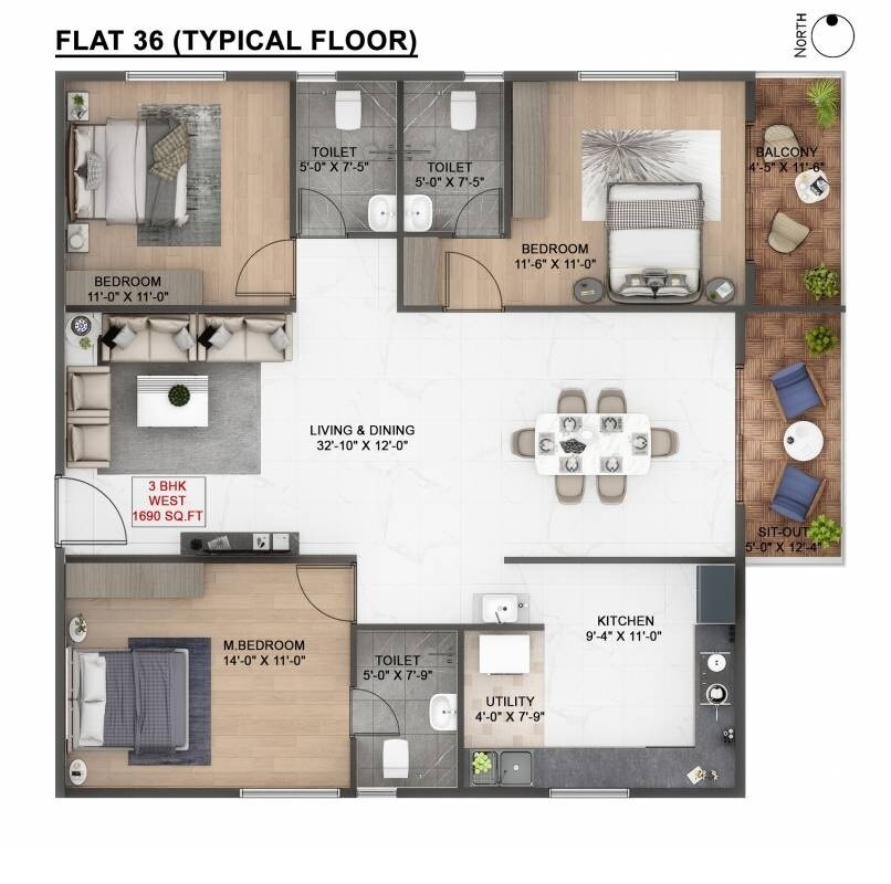 Floor plan of 3 BHK 1690 Sq. Ft. Apartment in Bold Aspire, Bangalore