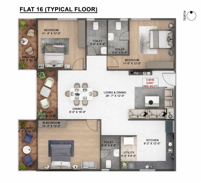 Floor plan of 3 BHK 1800 Sq. Ft. Apartment in Bold Aspire, Bangalore