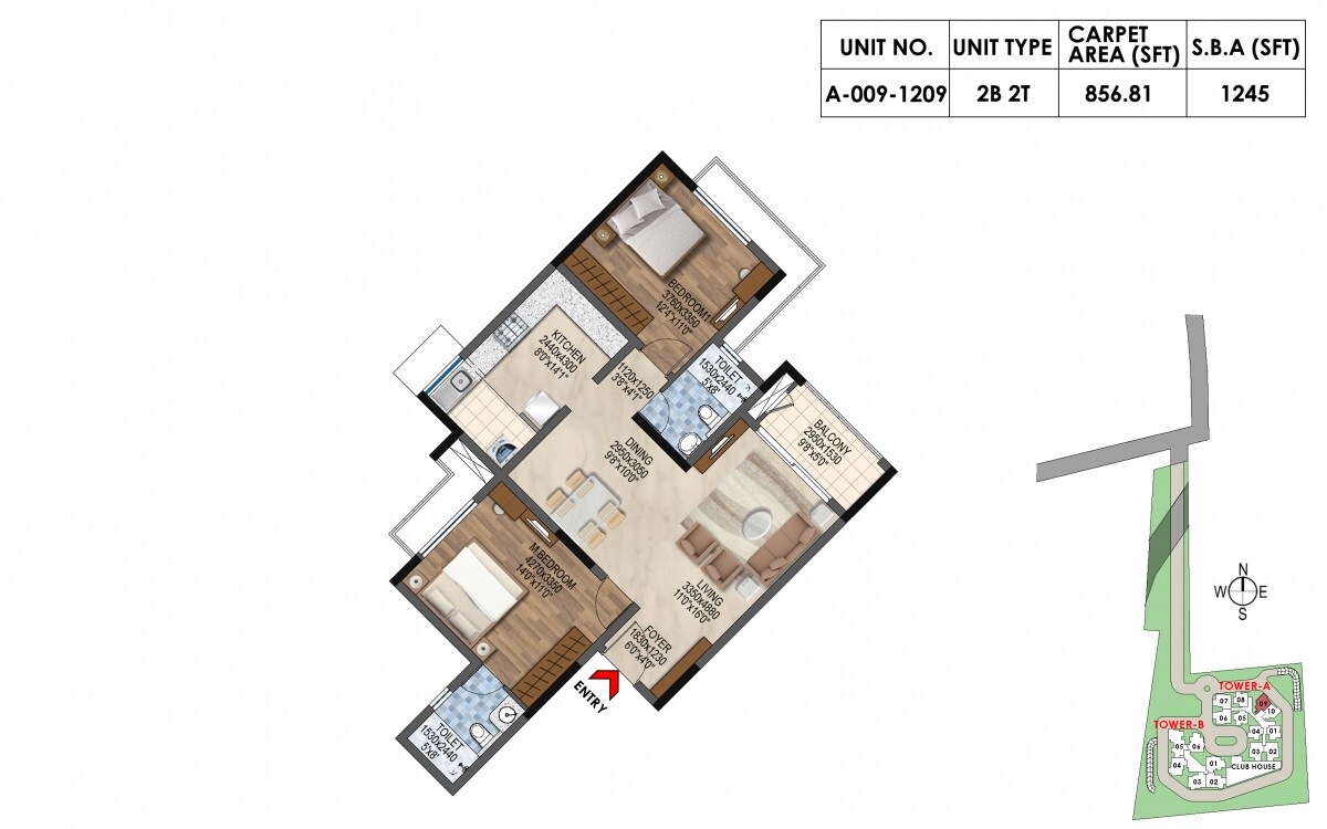 Floor plan of 2 BHK 1245 Sq. Ft. Apartment in Bollineni Astra, Bangalore