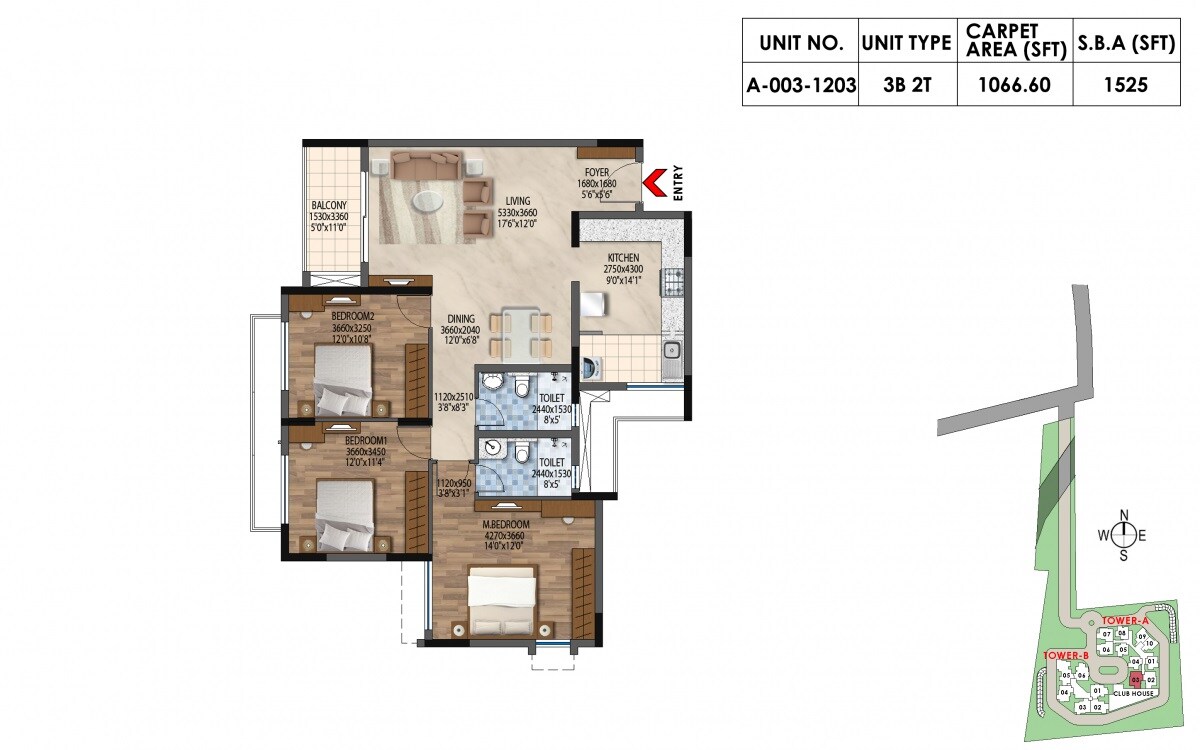 Floor plan of 3 BHK 1525 Sq. Ft. Apartment in Bollineni Astra, Bangalore
