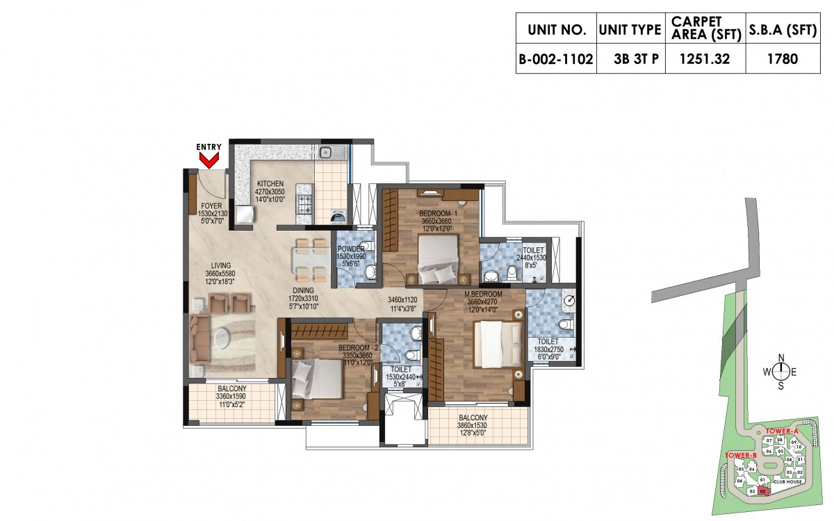 Floor plan of 3 BHK 1780 Sq. Ft. Apartment in Bollineni Astra, Bangalore