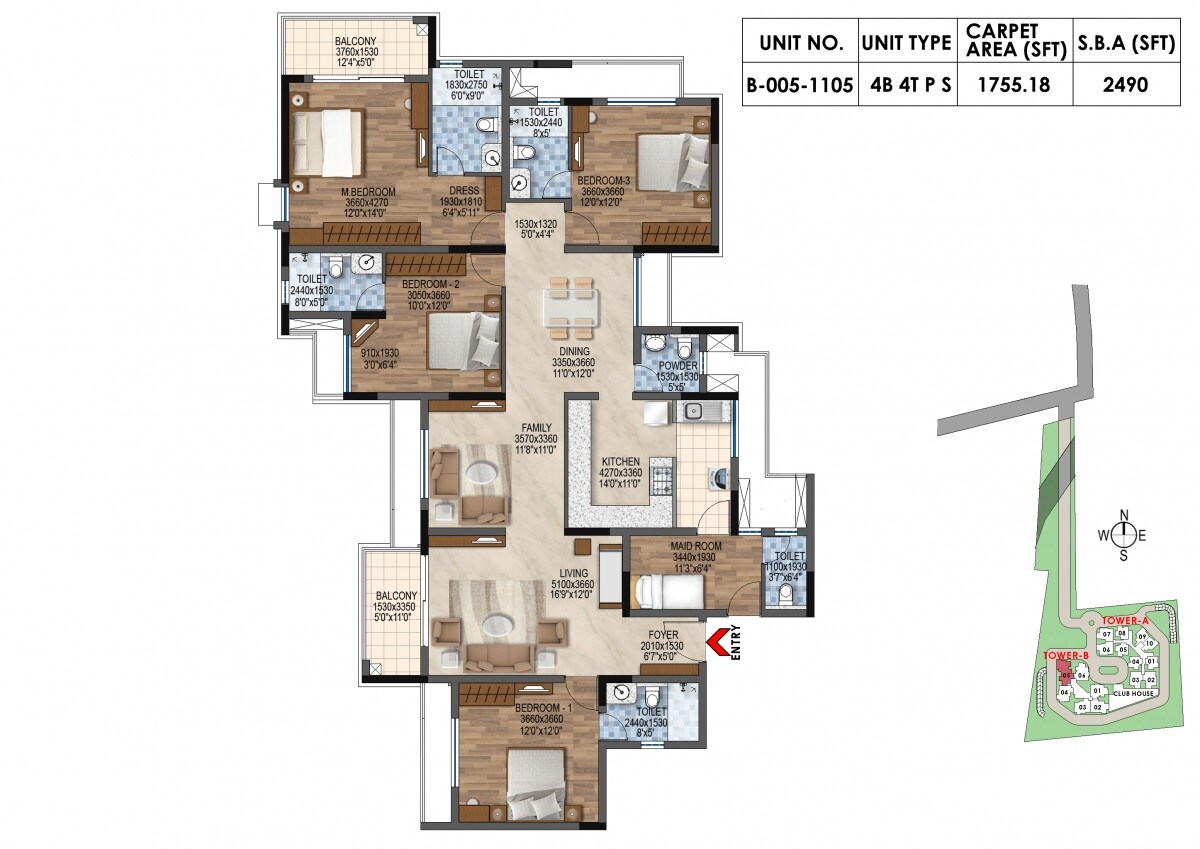 Floor plan of 4 BHK 2490 Sq. Ft. Apartment in Bollineni Astra, Bangalore