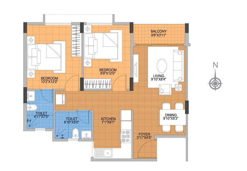 Floor plan of 2 BHK 935 Sq. Ft. Apartment in Bollineni Chalet, Bangalore