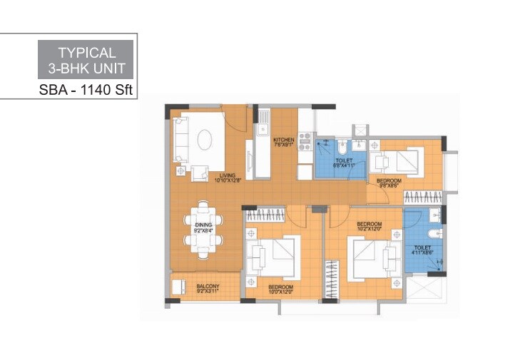 Floor plan of 3 BHK 1140 Sq. Ft. Apartment in Bollineni Chalet, Bangalore