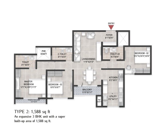 Floor plan of 3 BHK 1588 Sq. Ft. Apartment in Bren Ananta, Bangalore