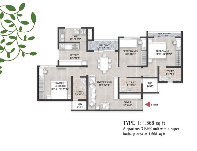 Floor plan of 3 BHK 1668 Sq. Ft. Apartment in Bren Ananta, Bangalore