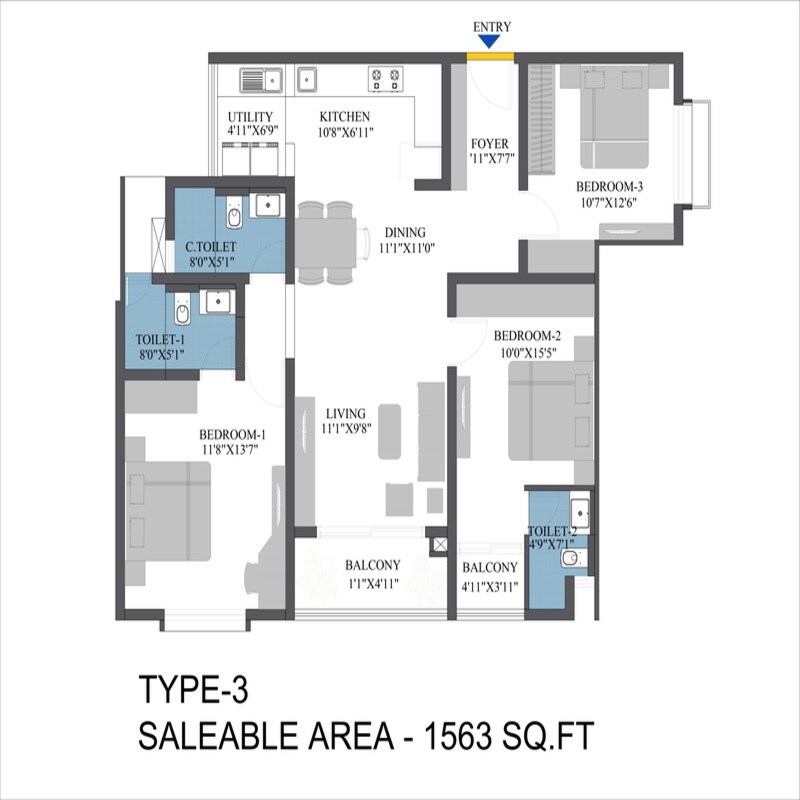 Floor plan of 3 BHK 1563 Sq. Ft. Apartment in Bren Aspera, Bangalore