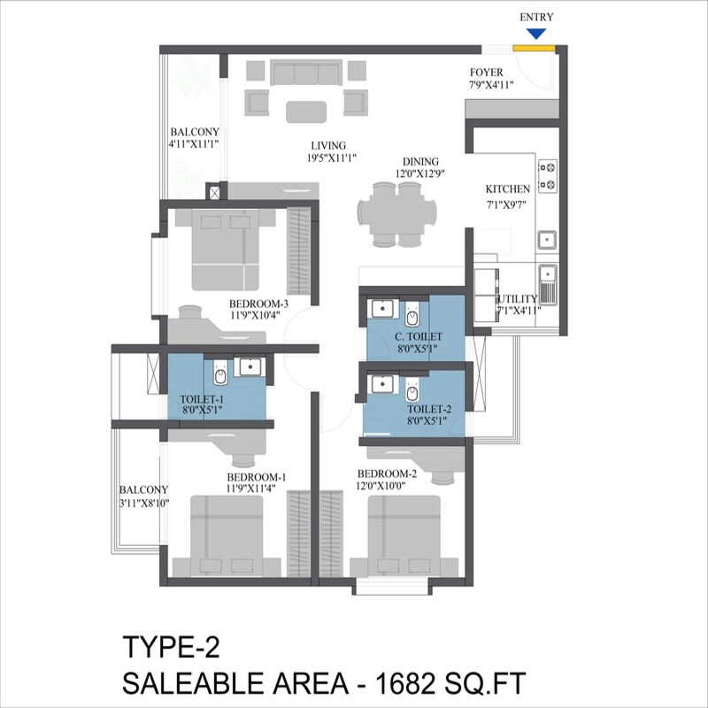 Floor plan of 3 BHK 1682 Sq. Ft. Apartment in Bren Aspera, Bangalore