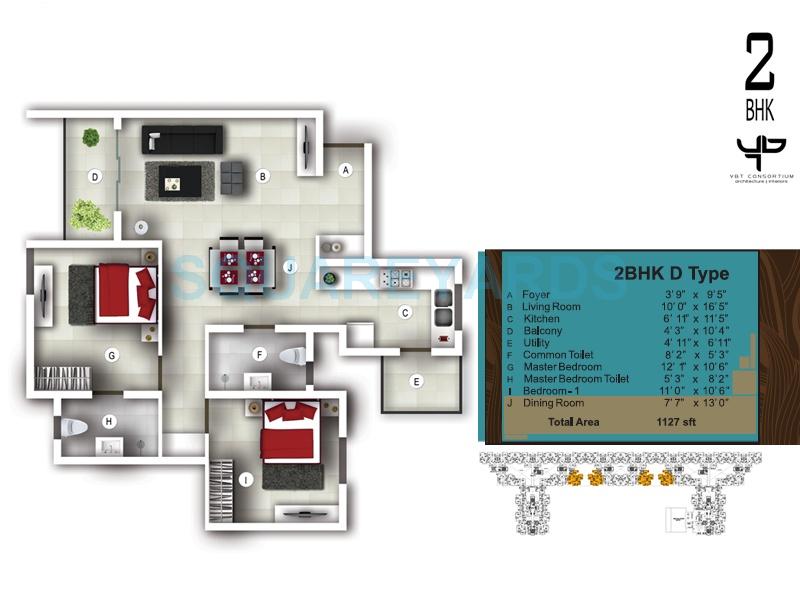 Floor plan of 2 BHK 1127 Sq. Ft. Apartment in Bren Avalon, Bangalore