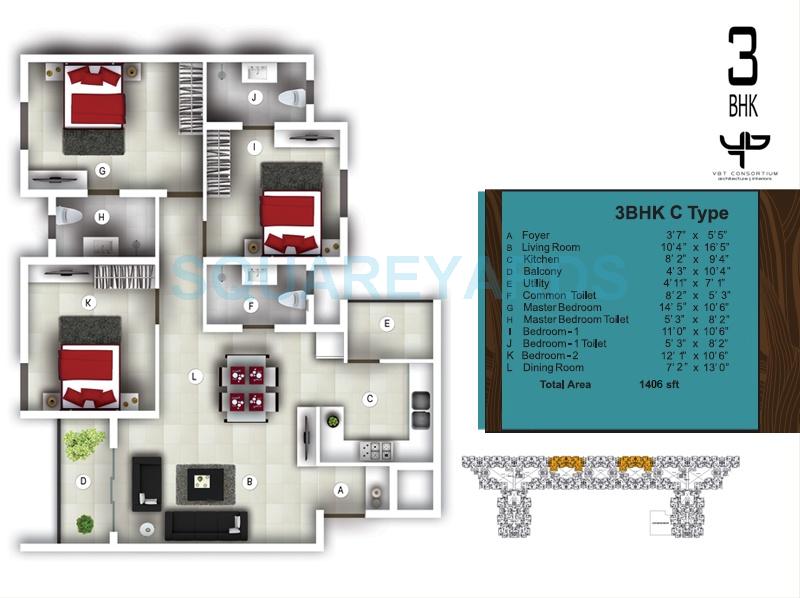 Floor plan of 3 BHK 1406 Sq. Ft. Apartment in Bren Avalon, Bangalore