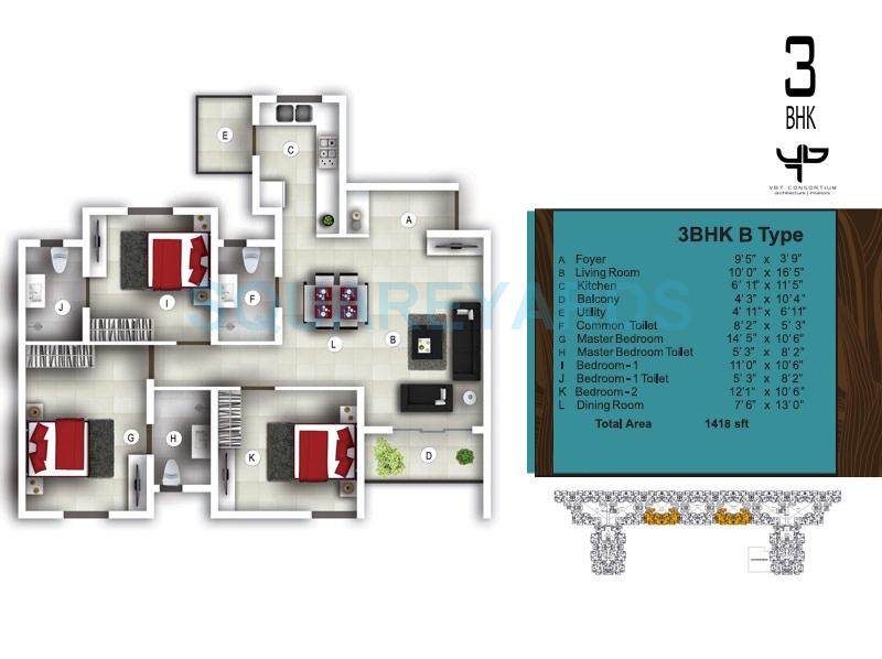 Floor plan of 3 BHK 1418 Sq. Ft. Apartment in Bren Avalon, Bangalore