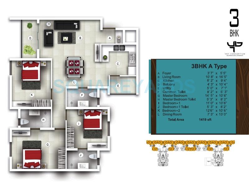 Floor plan of 3 BHK 1419 Sq. Ft. Apartment in Bren Avalon, Bangalore