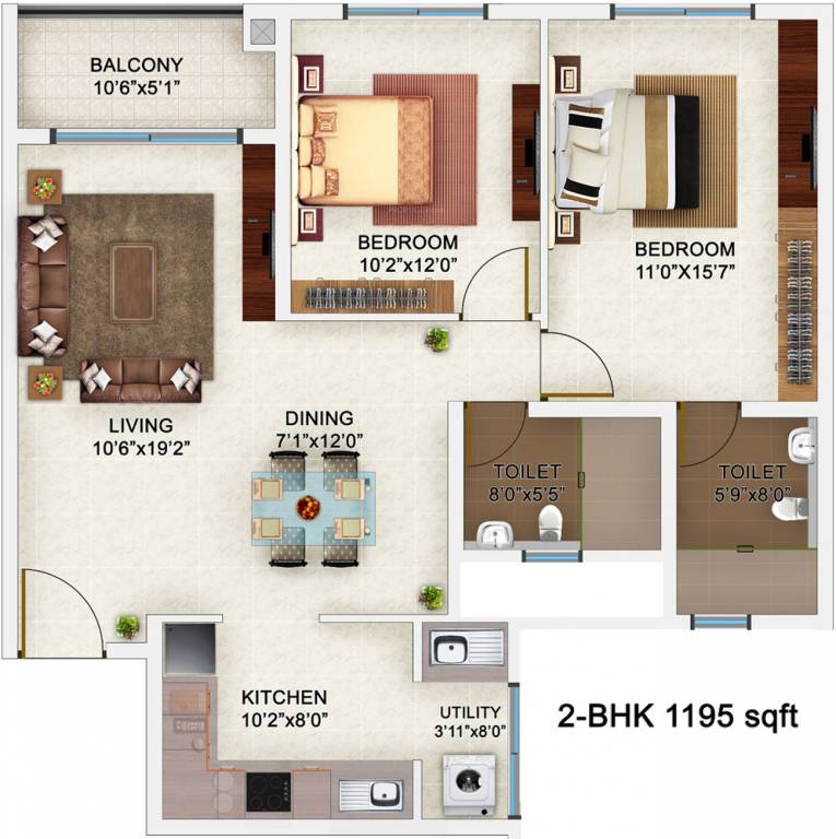Floor plan of 2 BHK Apartment - 821 sq. ft. in Bren Champions Square, Bangalore