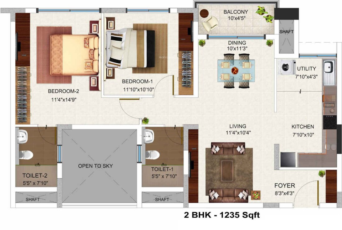Floor plan of 2 BHK Apartment - 845 sq. ft. in Bren Champions Square, Bangalore