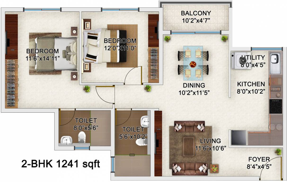 Floor plan of 2 BHK Apartment - 863 sq. ft. in Bren Champions Square, Bangalore