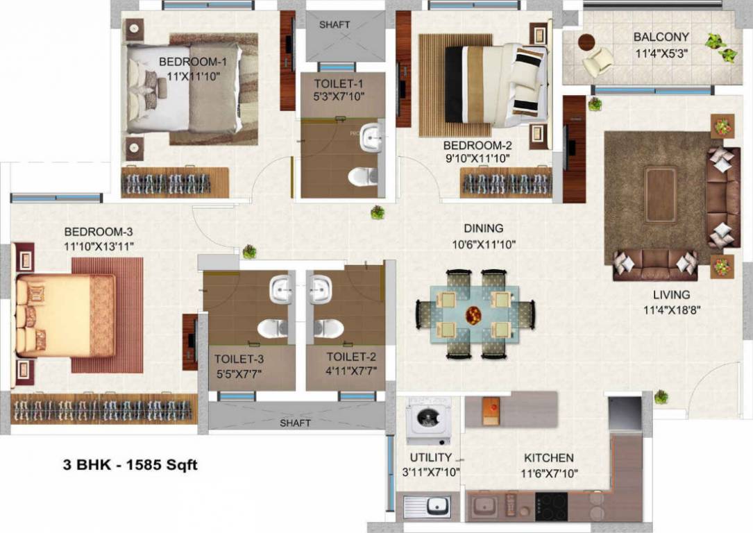Floor plan of 3 BHK Apartment - 1105 sq. ft. in Bren Champions Square, Bangalore