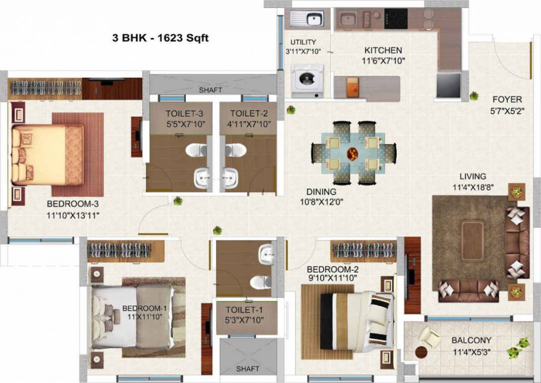Floor plan of 3 BHK Apartment - 1132 sq. ft. in Bren Champions Square, Bangalore