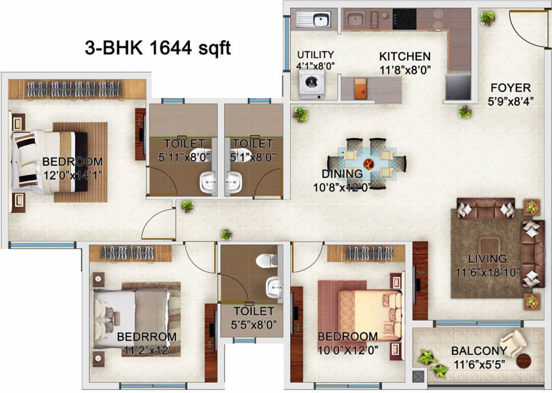 Floor plan of 3 BHK Apartment - 1151 sq. ft. in Bren Champions Square, Bangalore