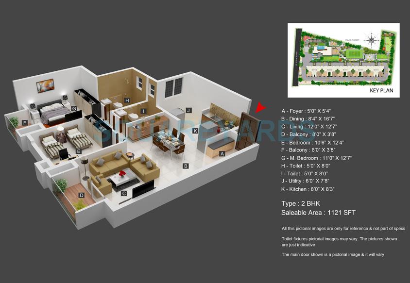 Floor plan of 2 BHK 1121 Sq. Ft. Apartment in Bren EdgeWaters, Bangalore