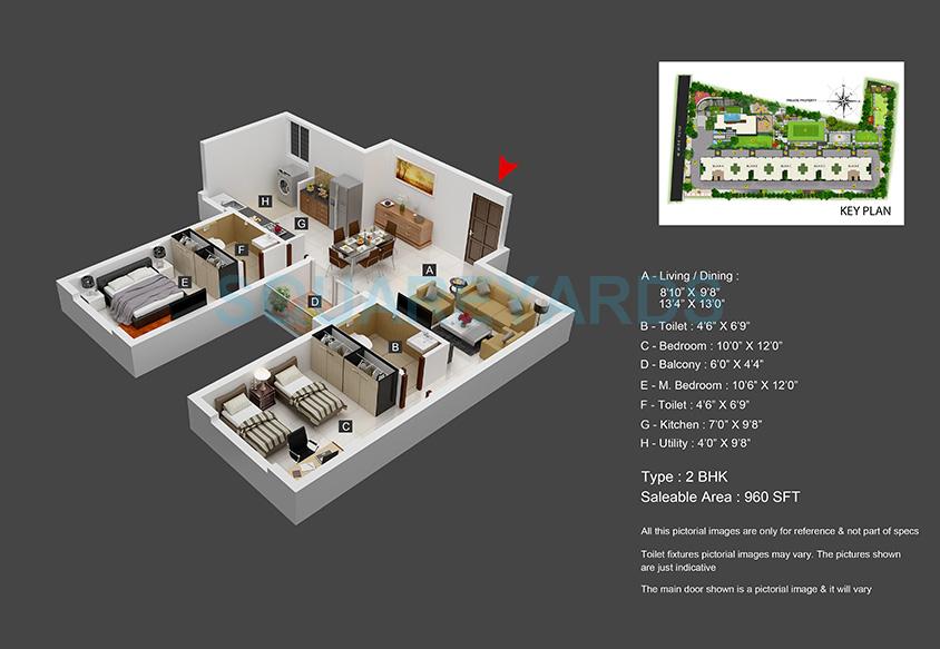 Floor plan of 2 BHK 960 Sq. Ft. Apartment in Bren EdgeWaters, Bangalore