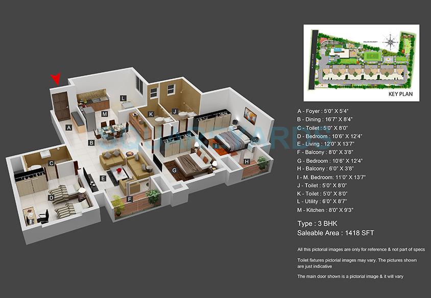 Floor plan of 3 BHK 1418 Sq. Ft. Apartment in Bren EdgeWaters, Bangalore