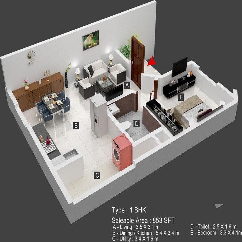 Floor plan of 1 BHK 853 Sq. Ft. Apartment in Bren Imperia, Bangalore